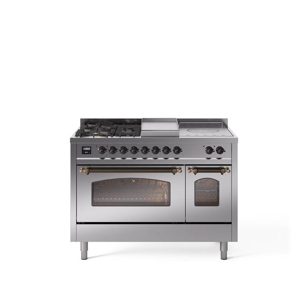 48'' Nostalgie II Series Freestanding Dual Fuel Range - Double Oven - Stainless Steel - Bronze trim - Griddle, Coup de Feu,- Natural Gas