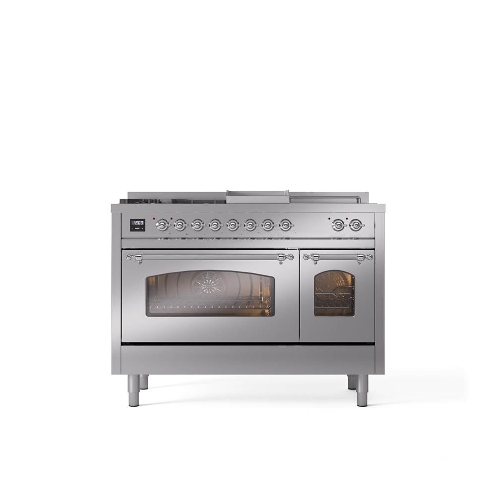 ILVE - 48'' Nostalgie II Series Freestanding Dual Fuel Range - Double Oven - Stainless Steel - Chrome trim - Griddle, Coup de Feu,- Natural Gas - Chrome