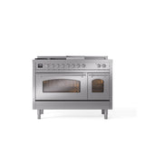 ILVE - 48'' Nostalgie II Series Freestanding Dual Fuel Range - Double Oven - Stainless Steel - Chrome trim - Griddle, Coup de Feu,- Natural Gas - Chrome