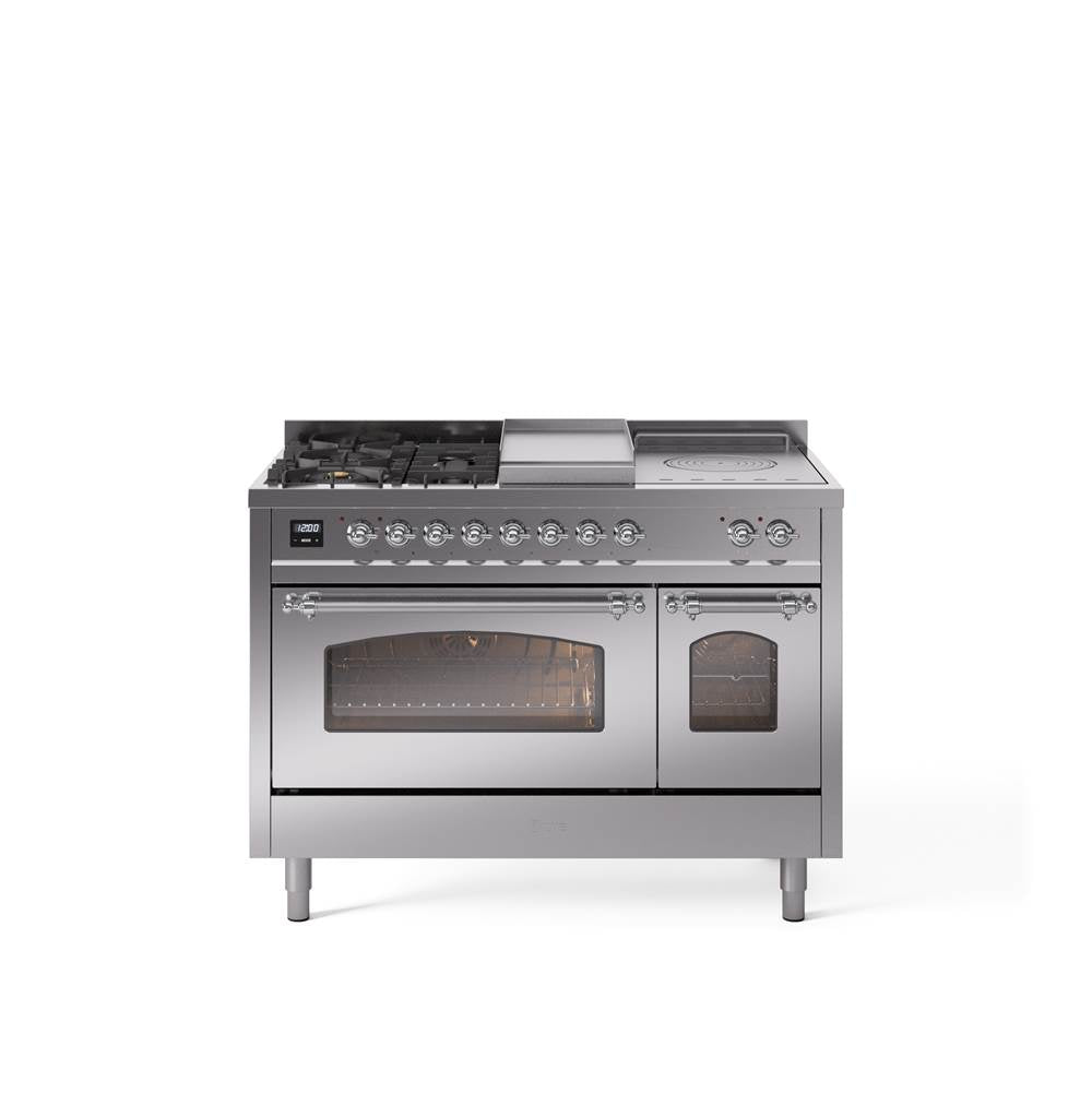 48'' Nostalgie II Series Freestanding Dual Fuel Range - Double Oven - Stainless Steel - Bronze trim - Griddle, Coup de Feu,- Natural Gas