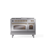 ILVE - 48'' Nostalgie II Series Freestanding Dual Fuel Range - Double Oven - Stainless Steel - Brass trim - Griddle, Coup de Feu,- Natural Gas - Brass