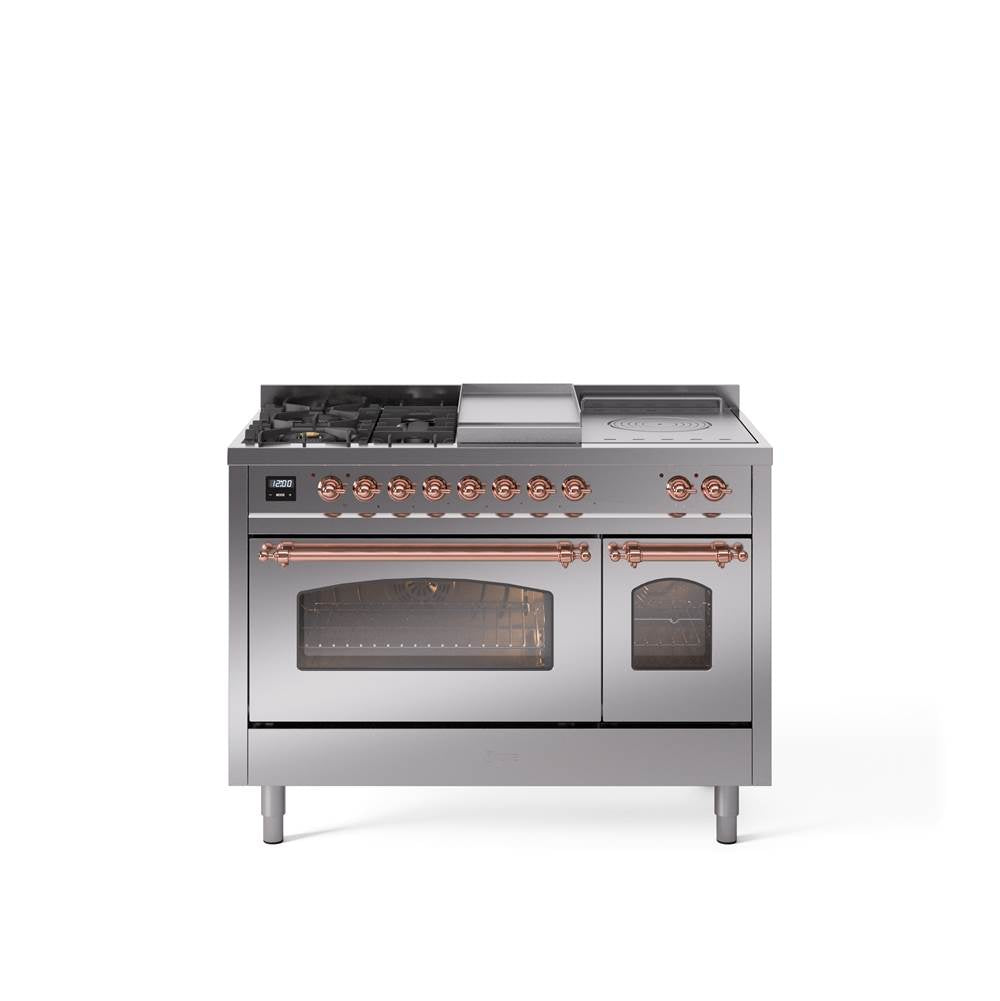 48'' Nostalgie II Series Freestanding Dual Fuel Range - Double Oven - Stainless Steel - Bronze trim - Griddle, Coup de Feu,- Natural Gas