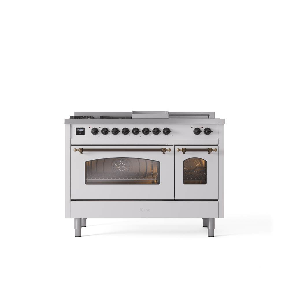ILVE - 48'' Nostalgie II Series Freestanding Dual Fuel Range - Double Oven - White - Bronze trim - Griddle, Coup de Feu,- Natural Gas - Bronze