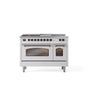 ILVE - 48'' Nostalgie II Series Freestanding Dual Fuel Range - Double Oven - White - Bronze trim - Griddle, Coup de Feu,- Natural Gas - Bronze