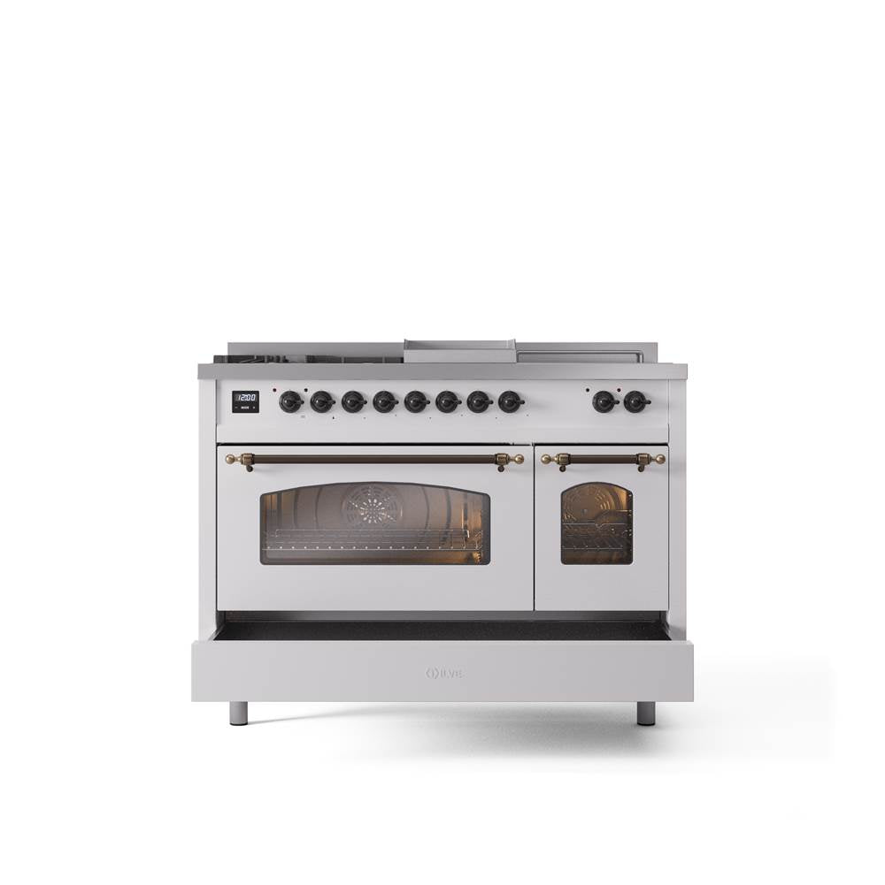 48'' Nostalgie II Series Freestanding Dual Fuel Range - Double Oven - White - Bronze trim - Griddle, Coup de Feu,- Natural Gas