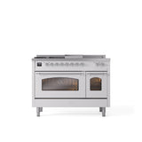 ILVE - 48'' Nostalgie II Series Freestanding Dual Fuel Range - Double Oven - White - Chrome trim - Griddle, Coup de Feu,- Natural Gas - Chrome