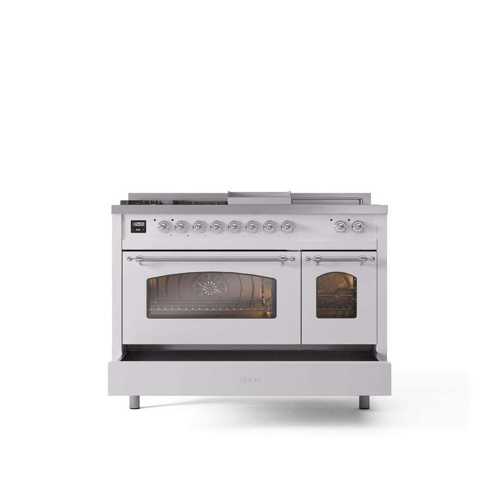48'' Nostalgie II Series Freestanding Dual Fuel Range - Double Oven - White - Bronze trim - Griddle, Coup de Feu,- Natural Gas
