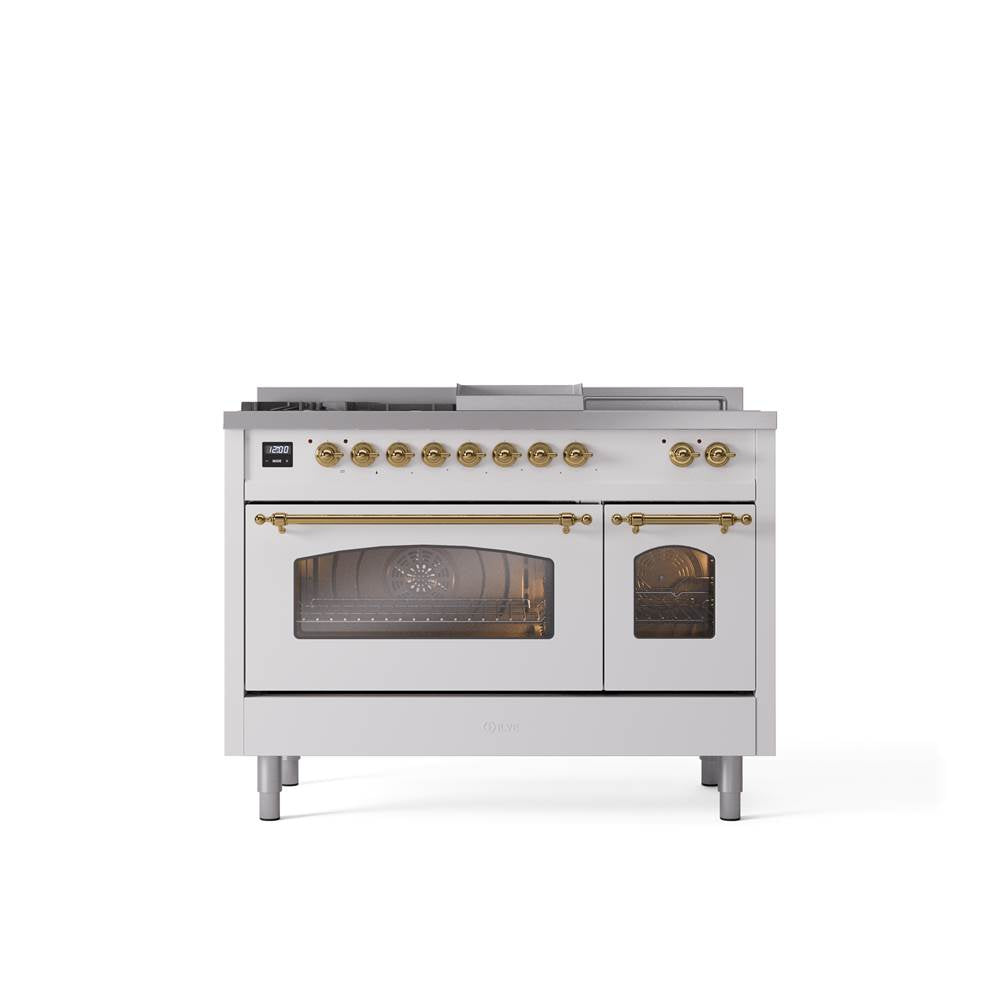 ILVE - 48'' Nostalgie II Series Freestanding Dual Fuel Range - Double Oven - White - Brass trim - Griddle, Coup de Feu,- Natural Gas - Brass