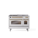 ILVE - 48'' Nostalgie II Series Freestanding Dual Fuel Range - Double Oven - White - Brass trim - Griddle, Coup de Feu,- Natural Gas - Brass