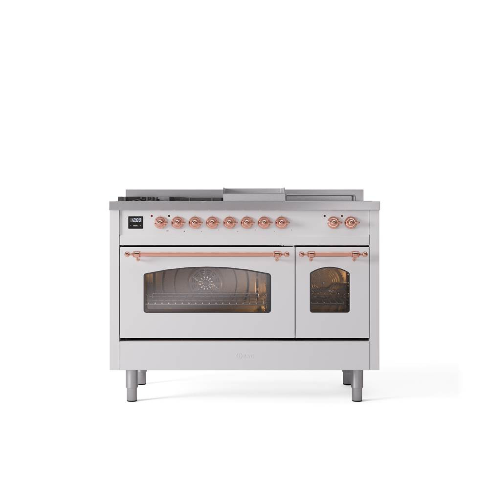 ILVE - 48'' Nostalgie II Series Freestanding Dual Fuel Range - Double Oven - White - Copper trim - Griddle, Coup de Feu,- Natural Gas - Copper