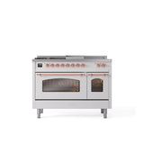 ILVE - 48'' Nostalgie II Series Freestanding Dual Fuel Range - Double Oven - White - Copper trim - Griddle, Coup de Feu,- Natural Gas - Copper