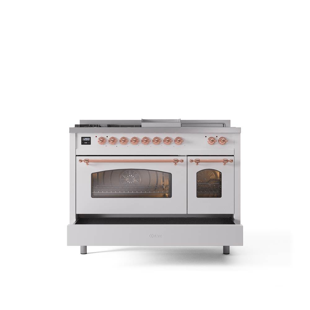 48'' Nostalgie II Series Freestanding Dual Fuel Range - Double Oven - White - Bronze trim - Griddle, Coup de Feu,- Natural Gas