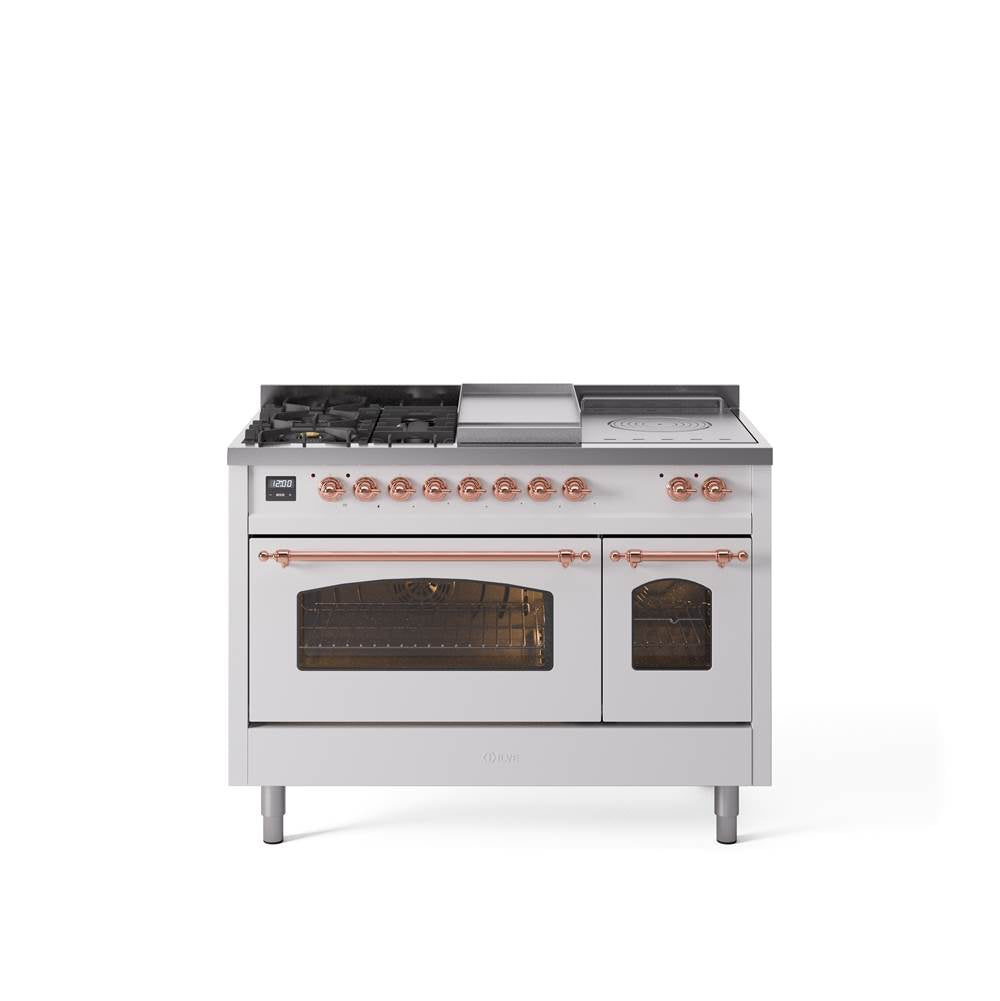 48'' Nostalgie II Series Freestanding Dual Fuel Range - Double Oven - White - Bronze trim - Griddle, Coup de Feu,- Natural Gas