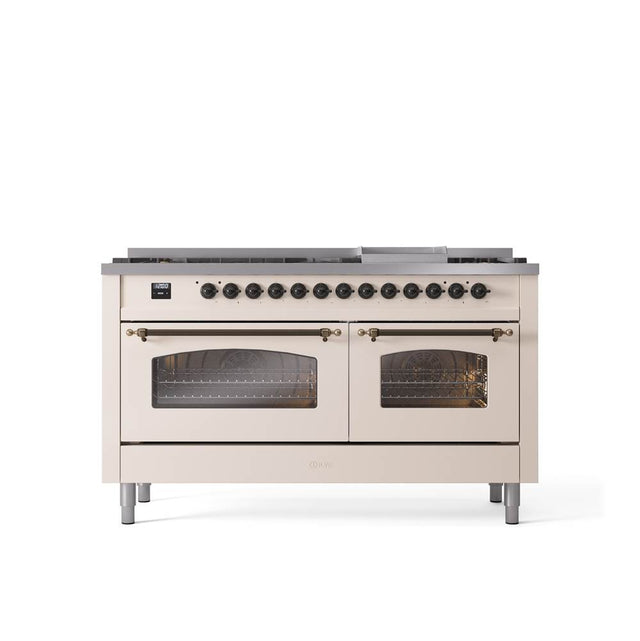 ILVE - 60'' Nostalgie II Series Freestanding Dual Fuel Range - Double Oven - Antique White - Bronze trim - Griddle - Natural Gas - Bronze