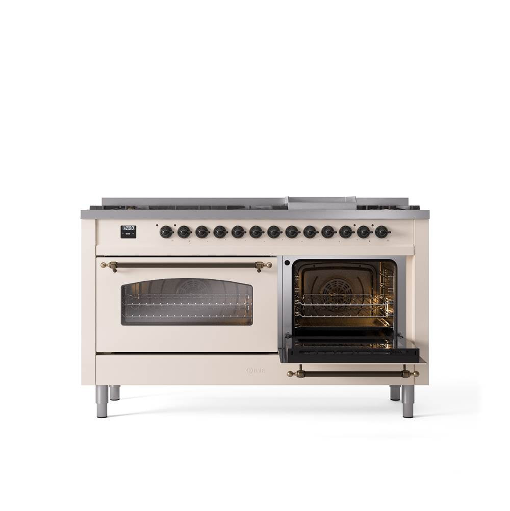60'' Nostalgie II Series Freestanding Dual Fuel Range - Double Oven - Antique White - Bronze trim - Griddle - Natural Gas