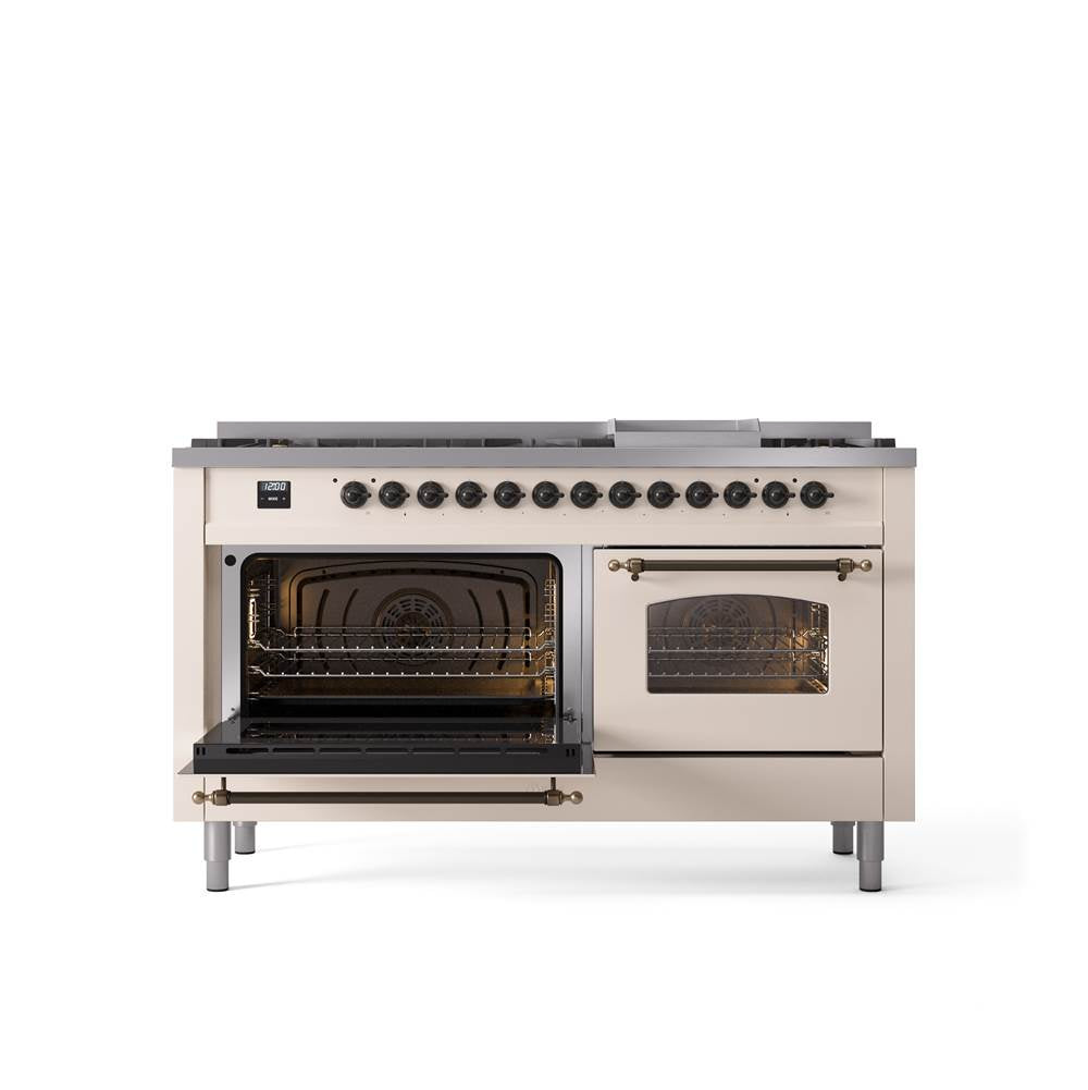60'' Nostalgie II Series Freestanding Dual Fuel Range - Double Oven - Antique White - Bronze trim - Griddle - Natural Gas