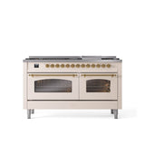 ILVE - 60'' Nostalgie II Series Freestanding Dual Fuel Range - Double Oven - Antique White - Brass trim - Griddle - Natural Gas - Brass