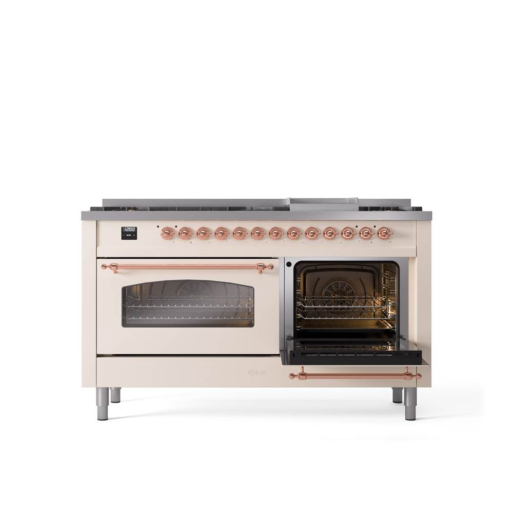 60'' Nostalgie II Series Freestanding Dual Fuel Range - Double Oven - Antique White - Bronze trim - Griddle - Natural Gas