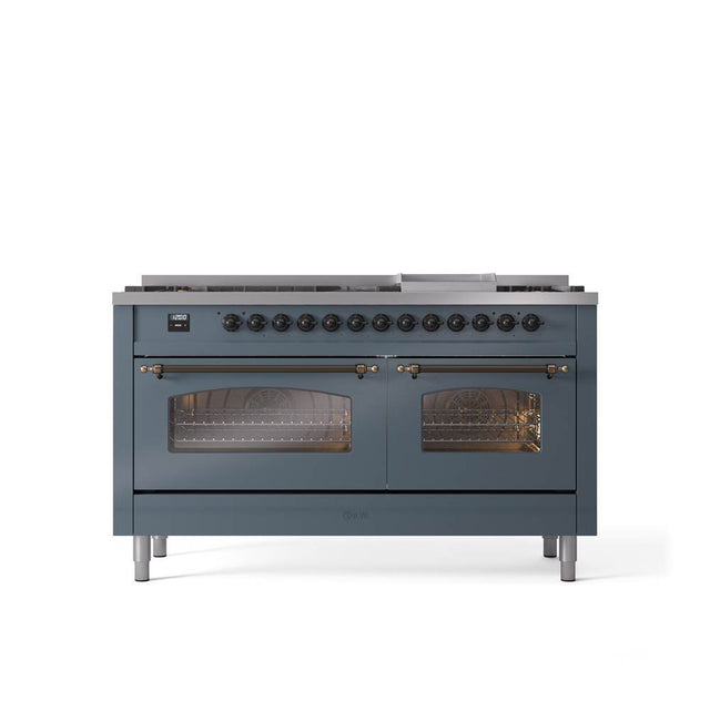 ILVE - 60'' Nostalgie II Series Freestanding Dual Fuel Range - Double Oven - Blue Grey - Bronze trim - Griddle - Natural Gas - Bronze