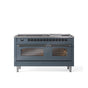 ILVE - 60'' Nostalgie II Series Freestanding Dual Fuel Range - Double Oven - Blue Grey - Bronze trim - Griddle - Natural Gas - Bronze