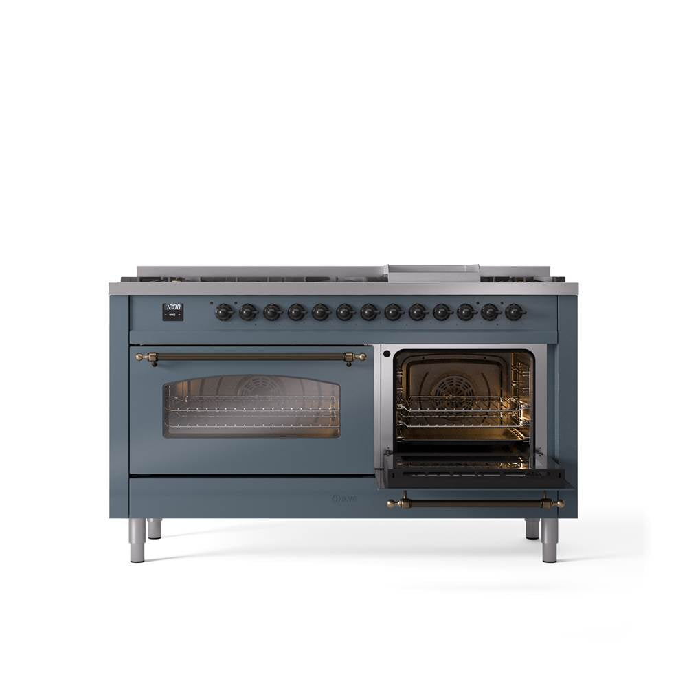 60'' Nostalgie II Series Freestanding Dual Fuel Range - Double Oven - Blue Grey - Bronze trim - Griddle - Natural Gas