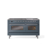 ILVE - 60'' Nostalgie II Series Freestanding Dual Fuel Range - Double Oven - Blue Grey - Chrome trim - Griddle - Natural Gas - Chrome