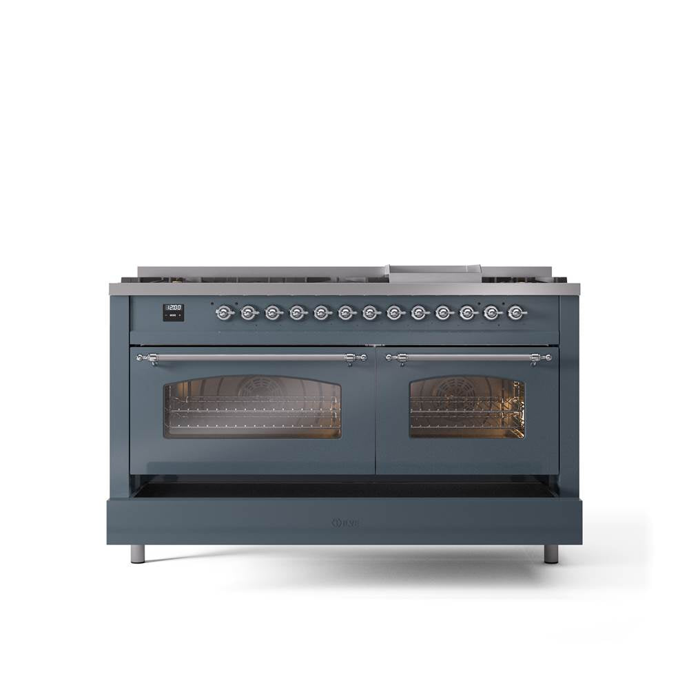 60'' Nostalgie II Series Freestanding Dual Fuel Range - Double Oven - Blue Grey - Bronze trim - Griddle - Natural Gas