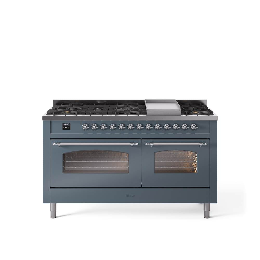 60'' Nostalgie II Series Freestanding Dual Fuel Range - Double Oven - Blue Grey - Bronze trim - Griddle - Natural Gas