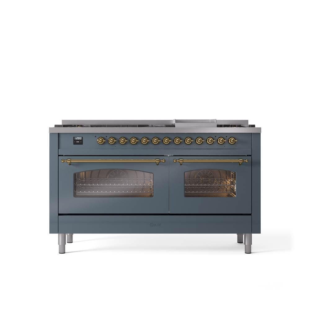 ILVE - 60'' Nostalgie II Series Freestanding Dual Fuel Range - Double Oven - Blue Grey - Brass trim - Griddle - Natural Gas - Brass