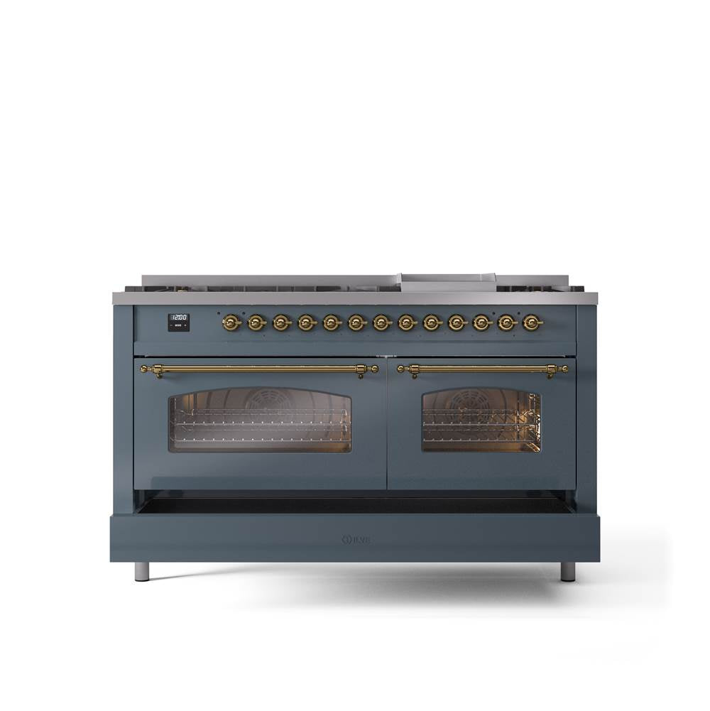 60'' Nostalgie II Series Freestanding Dual Fuel Range - Double Oven - Blue Grey - Bronze trim - Griddle - Natural Gas