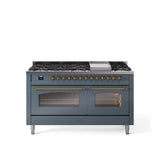 60'' Nostalgie II Series Freestanding Dual Fuel Range - Double Oven - Blue Grey - Bronze trim - Griddle - Natural Gas
