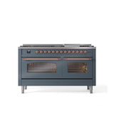 ILVE - 60'' Nostalgie II Series Freestanding Dual Fuel Range - Double Oven - Blue Grey - Copper trim - Griddle - Natural Gas - Copper