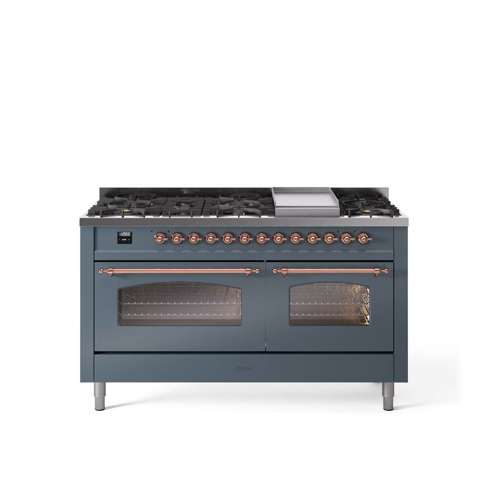 60'' Nostalgie II Series Freestanding Dual Fuel Range - Double Oven - Blue Grey - Bronze trim - Griddle - Natural Gas
