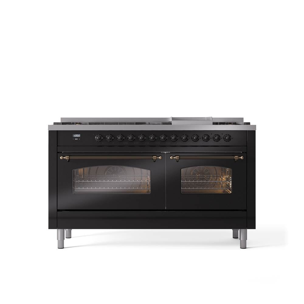 ILVE - 60'' Nostalgie II Series Freestanding Dual Fuel Range - Double Oven - Glossy Black - Bronze trim - Griddle - Natural Gas - Bronze