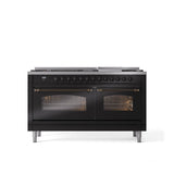 ILVE - 60'' Nostalgie II Series Freestanding Dual Fuel Range - Double Oven - Glossy Black - Bronze trim - Griddle - Natural Gas - Bronze