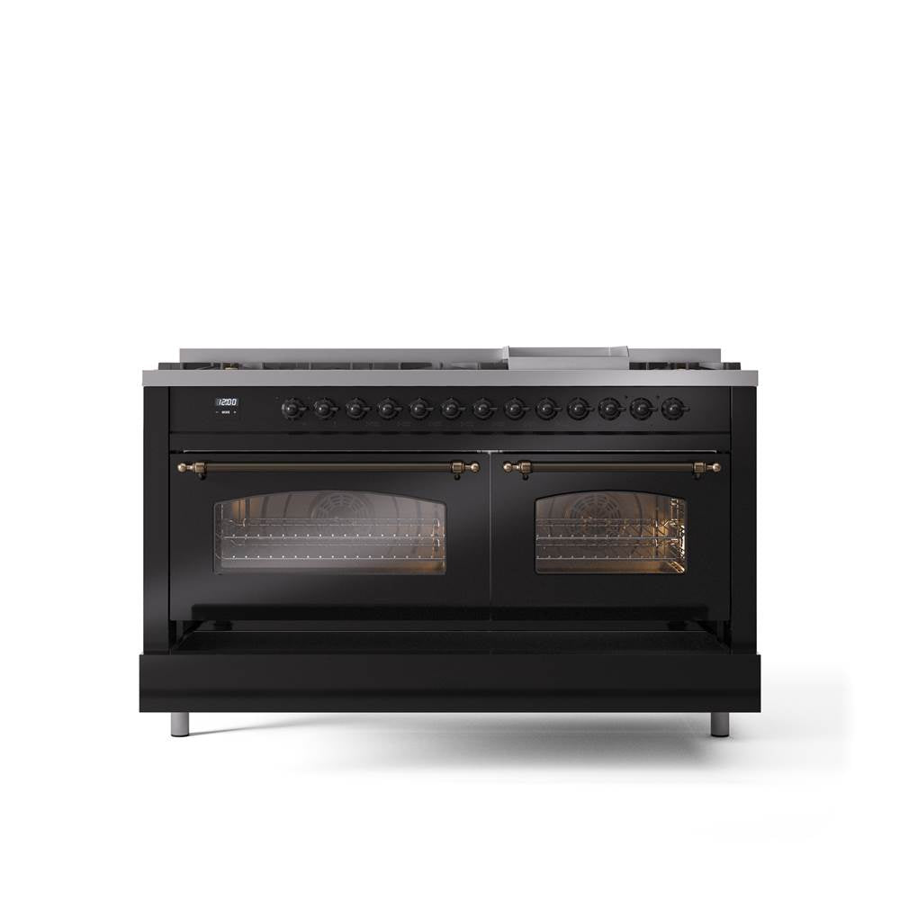 60'' Nostalgie II Series Freestanding Dual Fuel Range - Double Oven - Glossy Black - Bronze trim - Griddle - Natural Gas