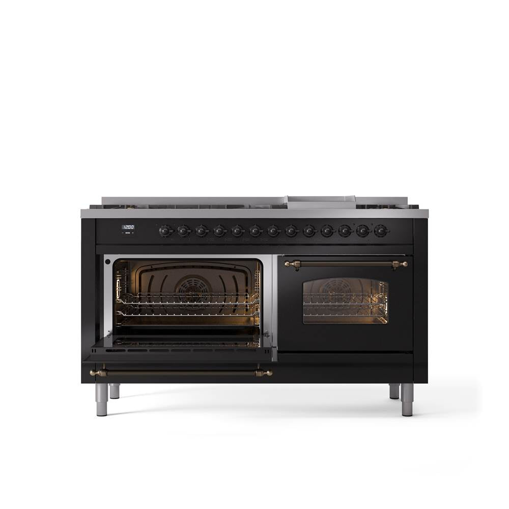 60'' Nostalgie II Series Freestanding Dual Fuel Range - Double Oven - Glossy Black - Bronze trim - Griddle - Natural Gas