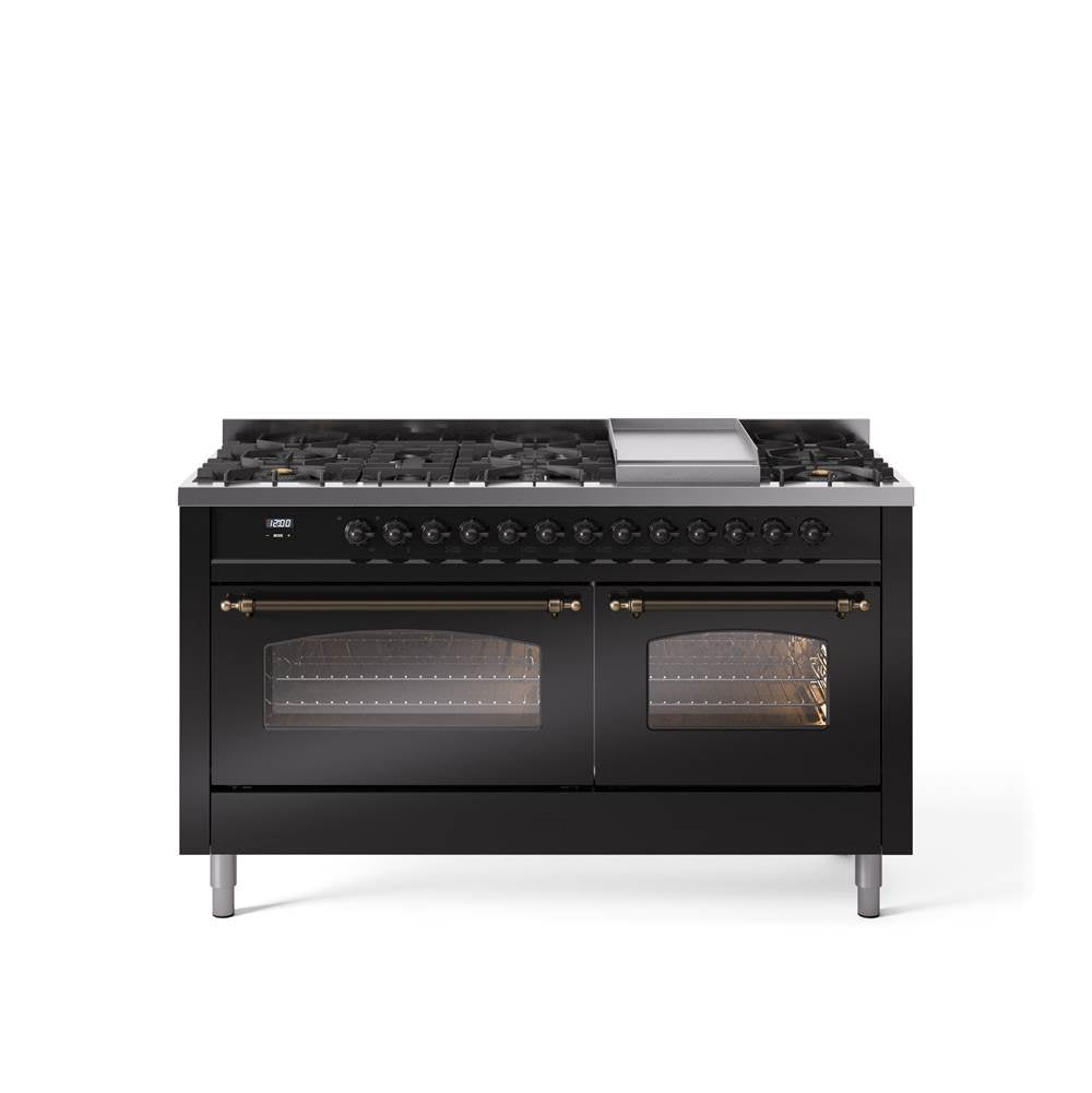 60'' Nostalgie II Series Freestanding Dual Fuel Range - Double Oven - Glossy Black - Bronze trim - Griddle - Natural Gas
