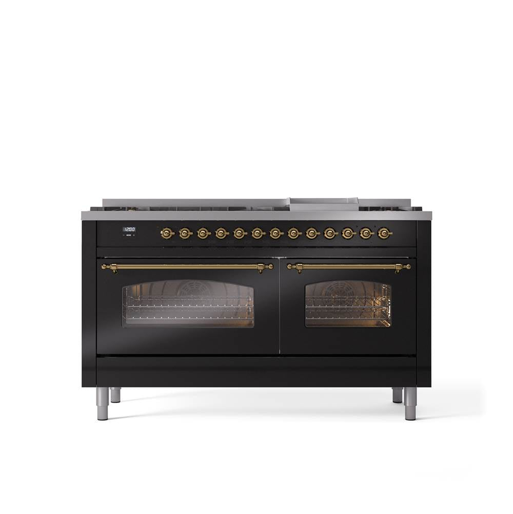 ILVE - 60'' Nostalgie II Series Freestanding Dual Fuel Range - Double Oven - Glossy Black - Brass trim - Griddle - Natural Gas - Brass