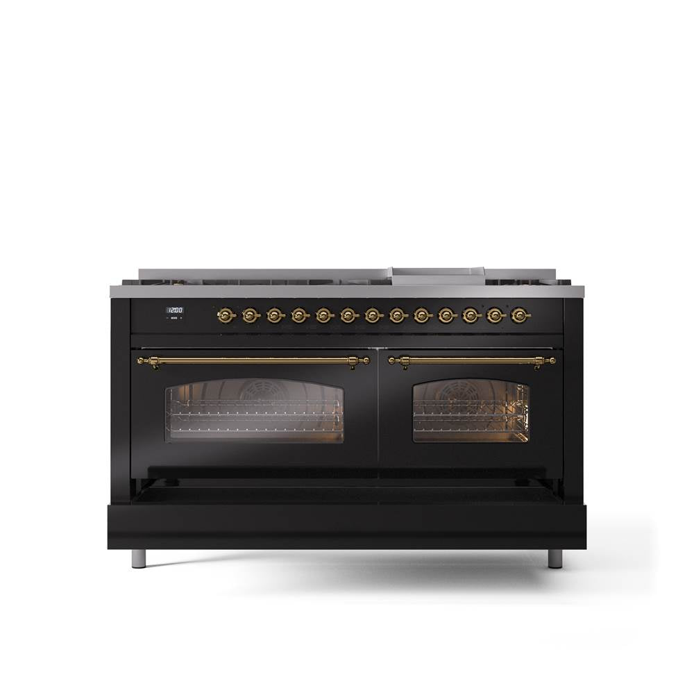 60'' Nostalgie II Series Freestanding Dual Fuel Range - Double Oven - Glossy Black - Bronze trim - Griddle - Natural Gas