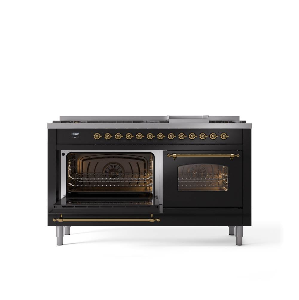 60'' Nostalgie II Series Freestanding Dual Fuel Range - Double Oven - Glossy Black - Bronze trim - Griddle - Natural Gas