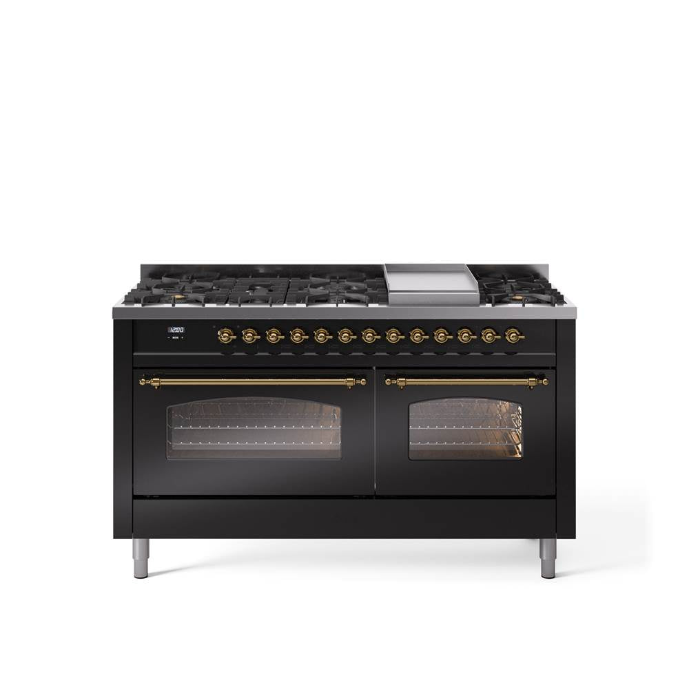 60'' Nostalgie II Series Freestanding Dual Fuel Range - Double Oven - Glossy Black - Bronze trim - Griddle - Natural Gas