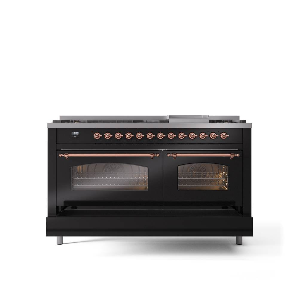 60'' Nostalgie II Series Freestanding Dual Fuel Range - Double Oven - Glossy Black - Bronze trim - Griddle - Natural Gas
