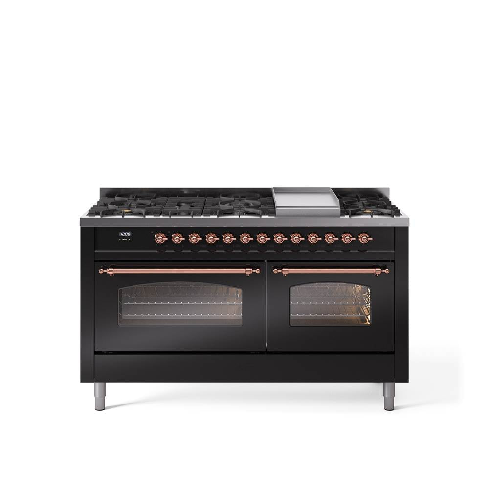 60'' Nostalgie II Series Freestanding Dual Fuel Range - Double Oven - Glossy Black - Bronze trim - Griddle - Natural Gas