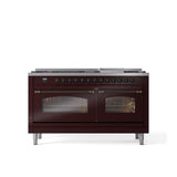 ILVE - 60'' Nostalgie II Series Freestanding Dual Fuel Range - Double Oven - Burgundy - Bronze trim - Griddle - Natural Gas - Bronze