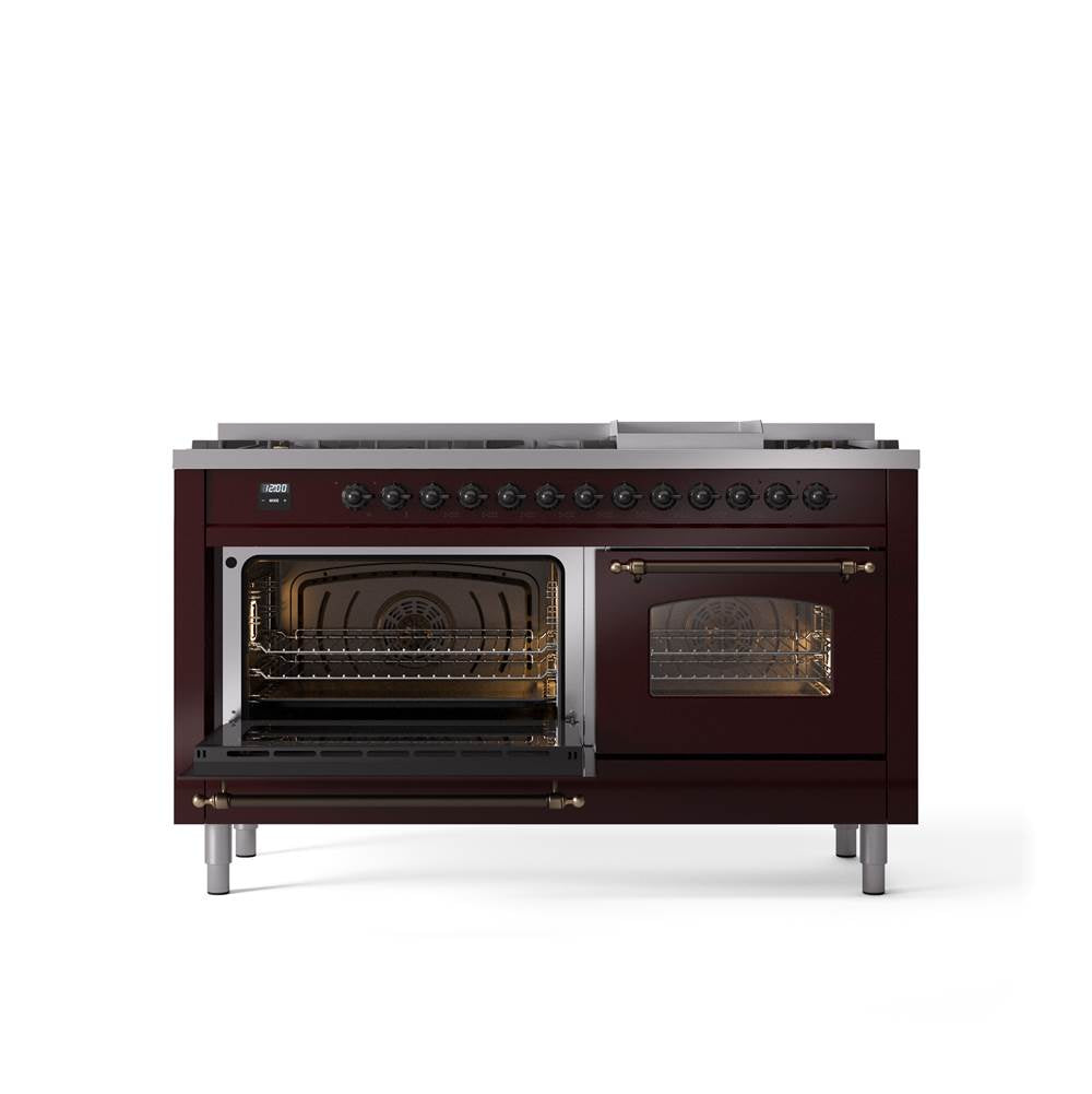 60'' Nostalgie II Series Freestanding Dual Fuel Range - Double Oven - Burgundy - Bronze trim - Griddle - Natural Gas