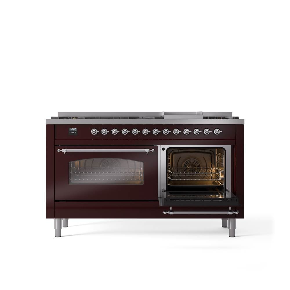 60'' Nostalgie II Series Freestanding Dual Fuel Range - Double Oven - Burgundy - Bronze trim - Griddle - Natural Gas