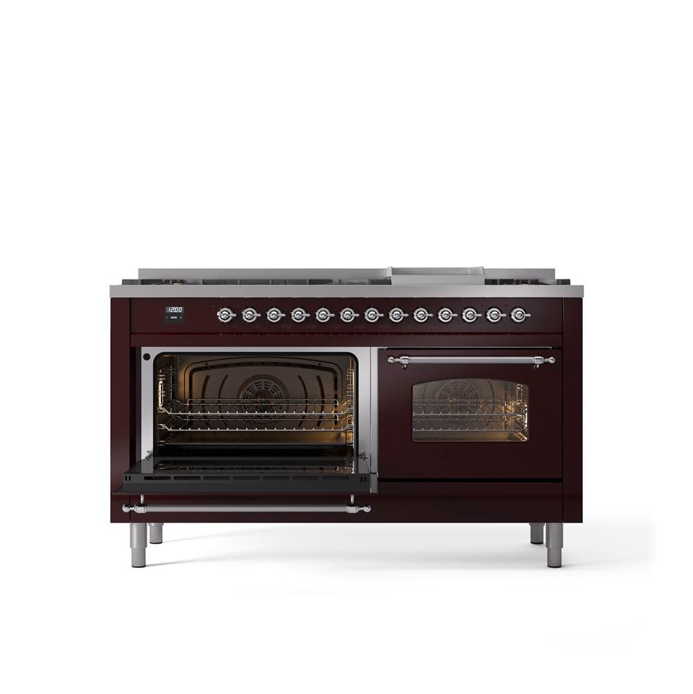 60'' Nostalgie II Series Freestanding Dual Fuel Range - Double Oven - Burgundy - Bronze trim - Griddle - Natural Gas