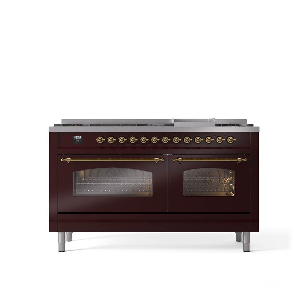 ILVE - 60'' Nostalgie II Series Freestanding Dual Fuel Range - Double Oven - Burgundy - Brass trim - Griddle - Natural Gas - Brass