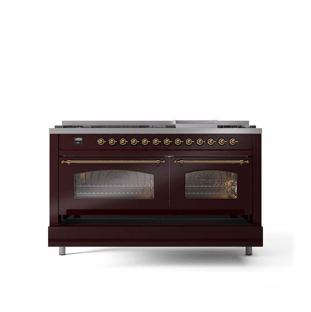 60'' Nostalgie II Series Freestanding Dual Fuel Range - Double Oven - Burgundy - Bronze trim - Griddle - Natural Gas